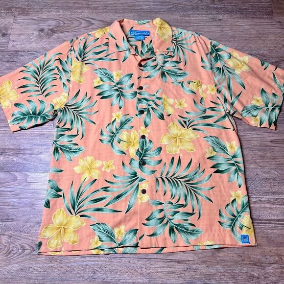 Bermuda Bay Other - Bermuda Bay Men's Orange Green Yellow Hawaiian Floral Silk Button Up Shirt Large